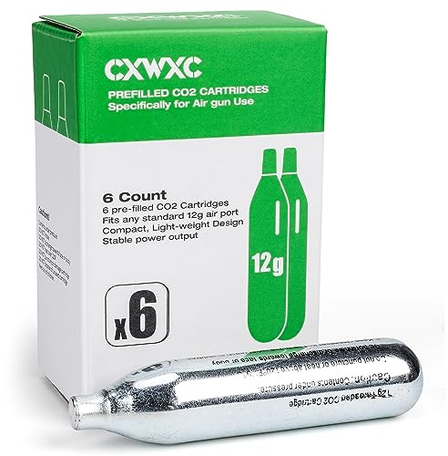 CXWXC Capsules de CO2 8 g/12 g, Capsules de CO2 de Haute pureté, boîtier en Acier, sans Huile et Anti-Fuite, système Click‑Lock sans Filetage,pour appareils à Pression d'air et (12 g - 6 pièces)