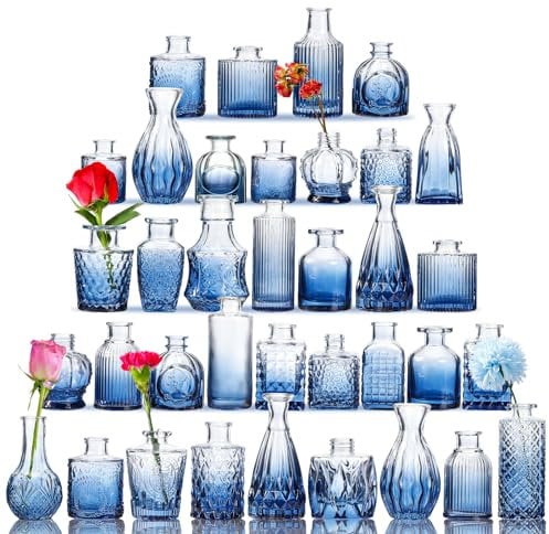 Fixwal Glasvasen für Blumen, 36 Stück, Knospenvasen, Tafelaufsätze, Mini-Vasen, Vorteilspack, rustikale Hochzeitsdekoration, Vintage-Look, Heimtischdekoration, Blau