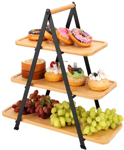 Charmewood 3 Tier Bamboo Serving Trays Stand Bamboo WeddingTiered Serving Platters Dessert Table Display Set Charcuterie Board Foldable Ladder Serving Trays for Party,Food,Picnic,Home Decor,Bathroom