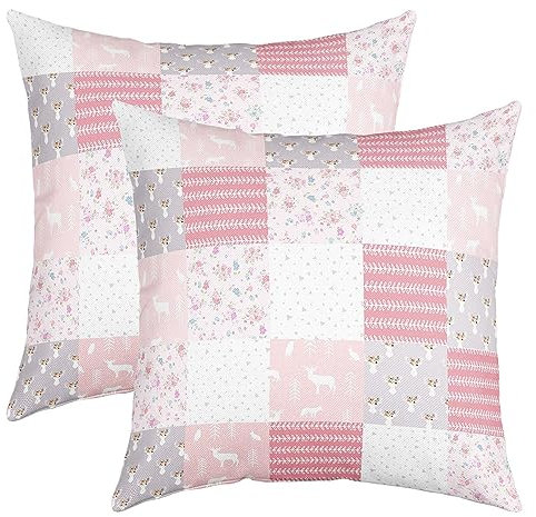 richhome Hirsch Geweih Kissenbezüge für Kinder Teens, Girly Pink Botanische Blätter werfen Kissenbezüge 55x55 für Schlafzimmer Wohnzimmer, Spleißen Checkers Zimmer Kissenbezüge Set von 2