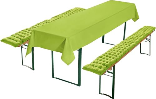 REDBEST Bierbank-Auflagen und Tischdecke 3-teilig apfelgrün Größe 90x260 cm - strapazierstark und langlebig, bequemer Sitzkomfort, mit elastischen Bändern