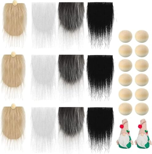 Christmas Gnome Beard, 12PCS Precut Faux Fur Gnome Beard with Round Wooden Balls, Handmade DIY Crafts Dcoration Supplies (White Black Khaki Grey)