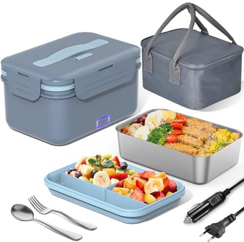 Herrfilk 100W Scaldavivande Elettrico Portatile, 12/24/230 V 3-in-1 Porta Pranzo Riscaldabile,con Posate e Sacchetto Isolato, a Prova di Perdite, Grande Contenitore da 1,8 l,per Auto, Camion, Ufficio