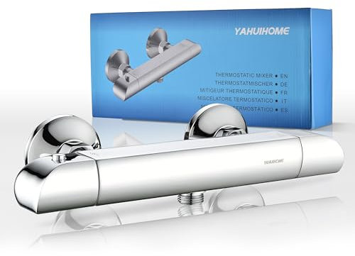 YAHUIHOME Mitigeur Douche Chromé Mitigeur Thermostatique Douche Mural Mitigeur Douche Thermostatique Anti-BrûLure Avec Bouton De SéCurité 38 ℃ Robinet Thermostatique De Douche, G1/2, Entraxe 150mm