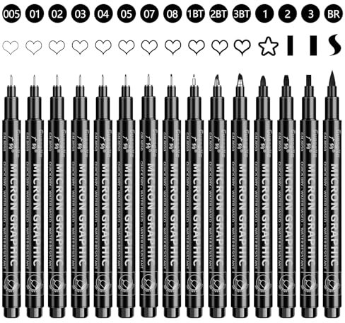 OFFCUP Fineliner Stifte Set, 15 Stück Schwarz Filzstiften, Pigment Liner Tuschestifte mit 15 Linienbreiten, Stifte für Künstler Stifte feiner Spitze zum Skizzieren, Illustrationen, Schreiben