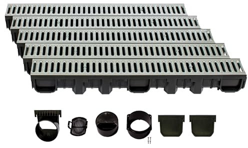 ScarMaxx - A15 Entwässerungsrinne Set - Bodenrinne - Regenwasser-Ablauf - Abfluss mit Gitter - Drainagekanal - Flach - Kunststoff - Bauhöhe 115 mm - mit Stegrost Stahl Verzinkt - 5m