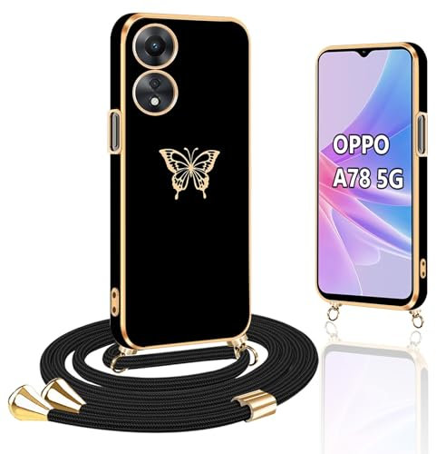 Handykette Kompatibel mit OPPO A78 5G (Nicht für Oppo A78 4G) Hülle mit Band Schmetterling Handyhülle für OPPO A78 5G mit Band Silikon TPU Stoßfeste Schutzhülle Handykette für OPPO A78 5G, Schwarz