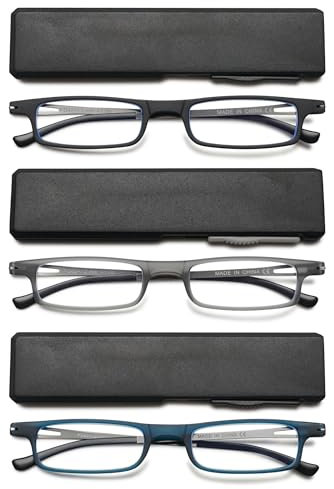 VEVESMUNDO Schmal Lesebrille Metall Leicht Flach Kompakt Lesehilfe Sehhilfe Brillen für Unterwegs mit Etui +1.0,+1.5,+2.0,+2.5,+3.0,+3.5 (+2.0, 3 Stück Lesebrillen)