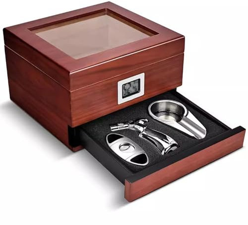 DECORN Zigarren-Humidor-Box für Bis zu 50 Zigarren Humidor-Zigarrenetui mit Glasdeckel Innenfutter aus Spanischem Zedernholz, Zubehörschublade und Luftbefeuchter, Geschenk für Zigarrenliebhaber,B