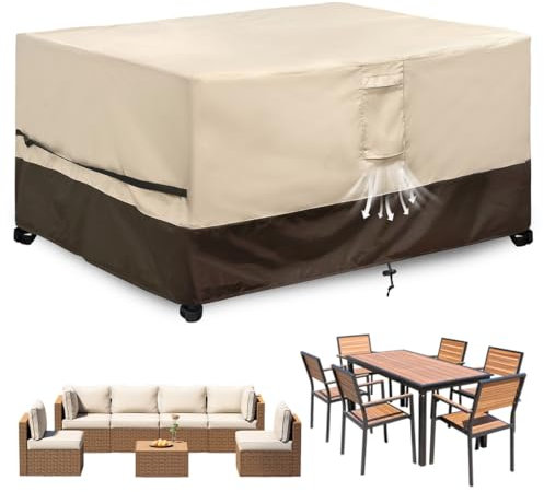Garden Furniture Covers Waterproof, 200x160x75cm, 600D Heavy Duty Oxford Fabric, Waterproof Windproof Anti-UV Outdoor Furniture Cover, Rattan Table and Chair Set Cover, Beige&Brown Rectangular