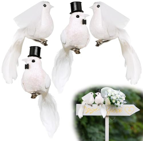 Qaestuan 4 Stück Taubenpaar Hochzeit Deko, Künstliche Taube Vogel Deko Figuren, Künstliche Vögel Deko mit Clip, Kunstschaumfeder Weiße Vögel Dekorative, für Garten Frühling Deko Party Dekoration