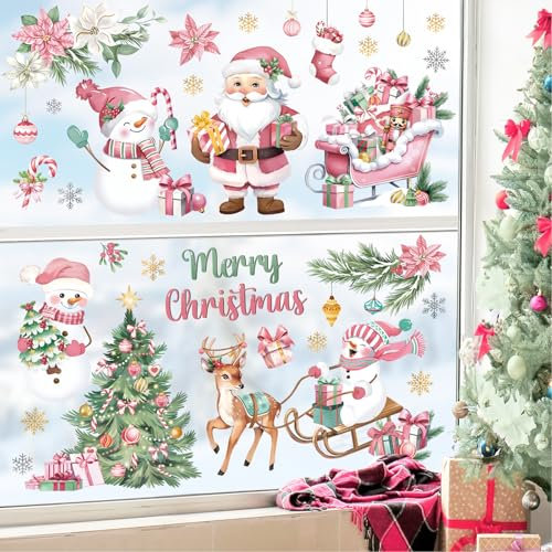decalmile Weihnachten Fensteraufkleber Schneemann Rosa Weihnachtsmann Fenster Abziehbilder Weihnachtsbaum Rentier Anti-Kollision Fensterfolie Statische Aufkleber Weihnachts Dekoration Mehrweg