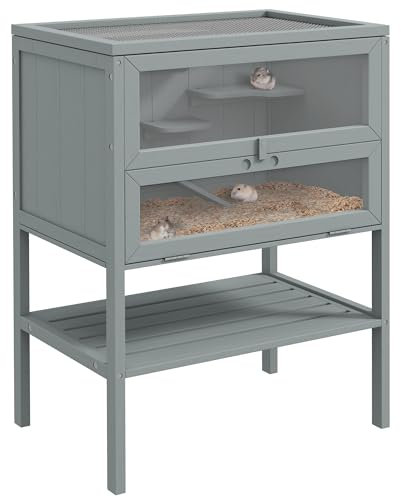 PawHut Cage en Bois pour Hamster avec étagère de Rangement, Ouverture sur Le Dessus pour gerbilles, Gris