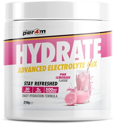 Per4m Hydrate Electrolyte Mix Powder | 500mg Cocomineral to Replenish Essential Electrolytes | Muscle Function, Cardiovascular Health, Neurological Support | 210g (Pink Lemonade)