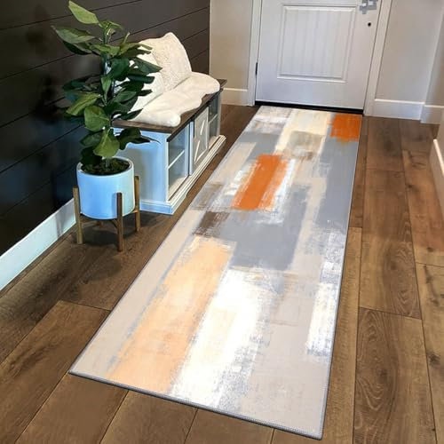 Siunwdiy Teppich Läufer Flur Küche rutschfest Waschbar Küchenläufer Lang Abstraktes Patchwork-Muster120x300cm Beige Grau Orange Korridor Teppich Läufer Küchenteppich Flurteppich Meterware Anpassbar