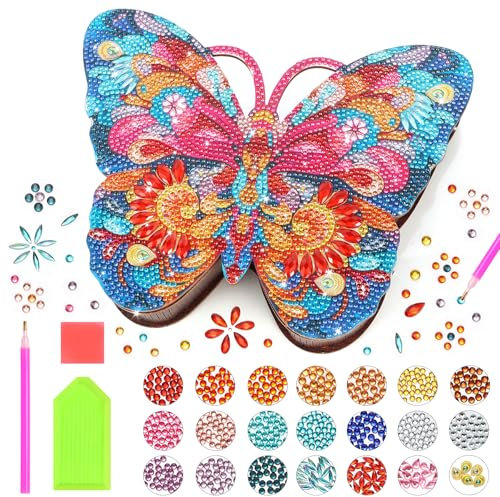 GOLXUWO Diamond Painting Schmuckkästchen Basteln, Holz diamond painting holz, Schild Gästebuch für Mädchen 6 7 8 9 10 Jahre (Schmetterling)