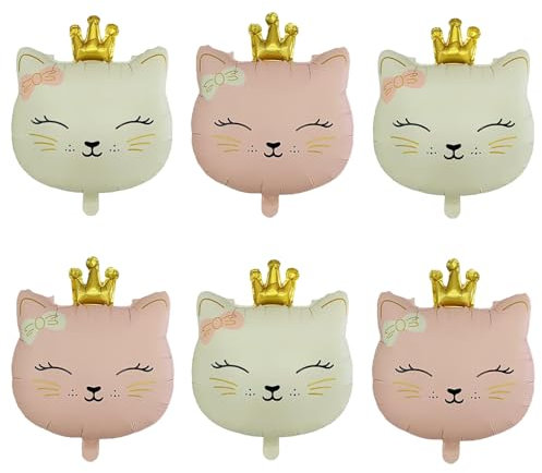 DazzJoy 6 Stück Katzen Geburtstag Deko Luftballons Geburtstag, XXL Luftballon Katze Tiere Ballons, Folienballon Katze Deko Geburtstag, Rosa Creme Kronen Katzen Ballons Geburtstag für Babyparty Deko