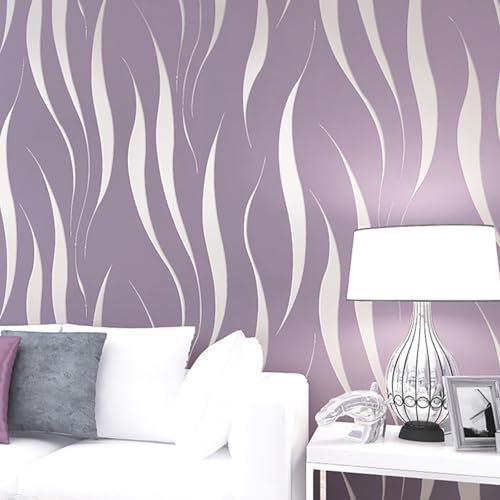 Baketron Purple Wallpaper Silver Glitter Textured 3D Effect Embossed Wallpapers Abstract Wave Stripes Wall Paper Roll Modern Feature for Living Room Bedroom Adults Hallway Kitchen Front Room
