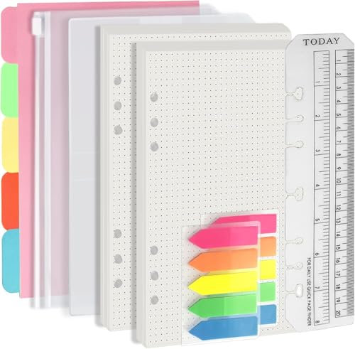 Harphia A5 6-Loch-Heftfüllsatz Wertpaket, 90 Blatt Papier mit Aufklebern und Trennern, Planer-Einsätze mit Heft-Taschen für A5 nachfüllbares Notizbuch - Punkte
