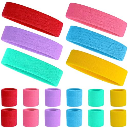 YOUNGSAY 18 Stück Schweißband, 6 Schweißband Stirn + 12 Schweißband Handgelenk, Elastizität Schweißbänder für Damen Herren Basketball Tennis Fitnessstudio (6 Farben)