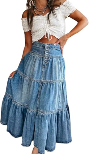 LLECDASEUI Jupes Longues en Jean pour Femmes Taille Haute Bouton-Fly plissé à Volants Maxi Jupe en Jean été fluides Jupes à Plusieurs Niveaux a-Line