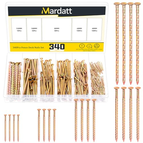 Mardatt 200Pcs Fence Deck Nails, 40/60/80/100/150mm Gold Carbon Steel Zinc Plated Spiral Shank Deck Nail Spikes Kit for House Floor Repairing Wall Woodworking