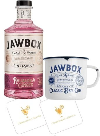 Jawbox Rhubarb & Ginger Gin Gift Set | 700ml Flavoured Gin & Branded Mug + Celebration Spirits Beer Mats x 2