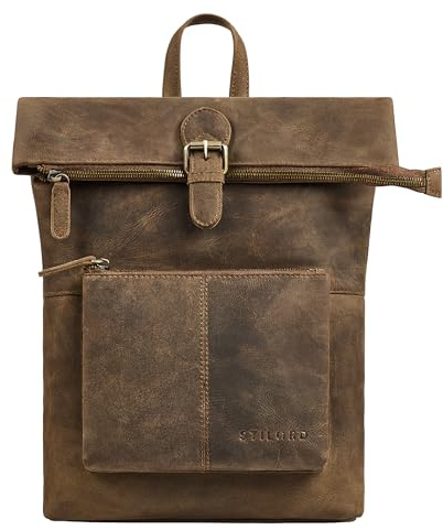 STILORD 'Niagara' Damen Rolltop Rucksack Leder - eleganter Cityrucksack Vintage Tagesrucksack Echtleder 13,6' Laptopfach | kleiner Daypack mit vielen Fächern, Farbe:mittel - braun