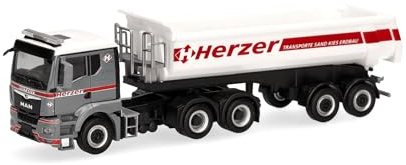 herpa Modellino camion MAN TGS TN con semirimorchio ribaltabile Herzer (Austria), miniatura in scala 1:87, da collezione, Made in Germany, in plastica