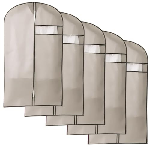5 Confezioni di Custodie per Abiti, Copri Cappotti per Armadi in Tessuto Non Tessuto per Appendere I Vestiti, Copri Giacche da Armadio con Finestra per Abiti, Cappotti, Uniformi(Beige,60x105cm/24x41in