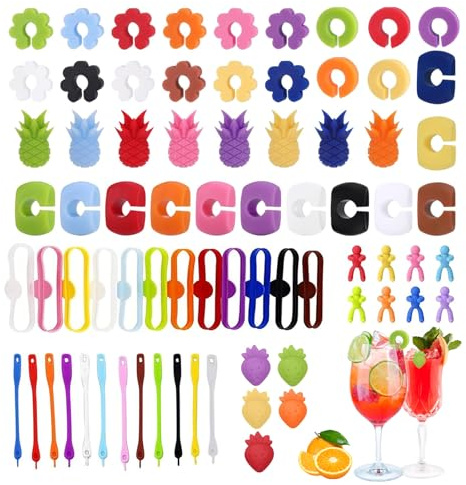 Pynzeka 70 Pezzi Segnabicchieri Silicone Segna Bicchieri Calici Riutilizzabili per Feste Bicchieri da Vino Forniture per Decorazioni Matrimoni Natalizi