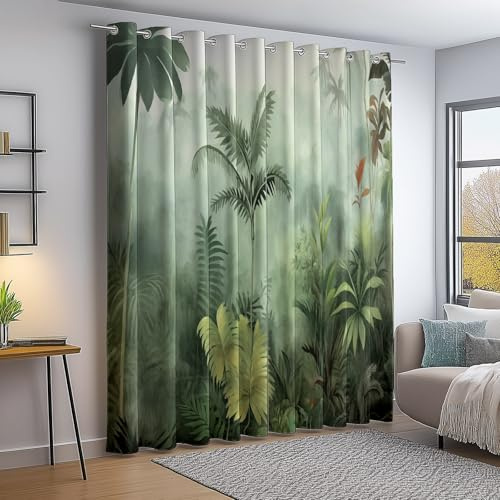 100% Blickdichte Vorhänge Retro Tropische Pflanzen Dschungel Bedruckte Verdunklungsvorhänge mit Ösen, Grün Thermo Isoliert Gardinen für Wohnzimmer Schlafzimmer, H 200 x B 70 cm (2er Pack)