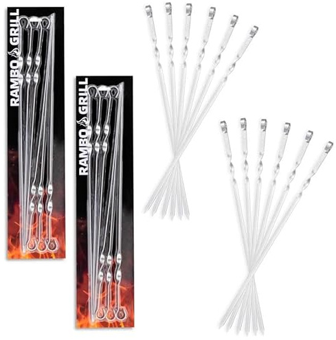 BEM Rambo Grill Schaschlikspieße Edelstahl 50cm – 12er Set Grillspieße | Wiederverwendbar & Rostfrei, Flach, Für BBQ, Gemüse & Fleisch – Grillzubehör Spülmaschinenfest, Grillspieß für