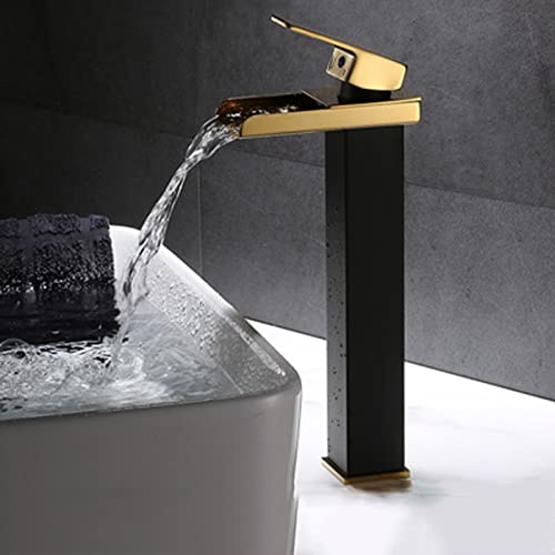 Rubinetto Miscelatore per Lavabo Alto Rubinetto a Cascata A Foro Singolo Rubinetto Miscelatore per Lavabo Alto da Bagno Acqua Calda E Fredda Nero+Oro B