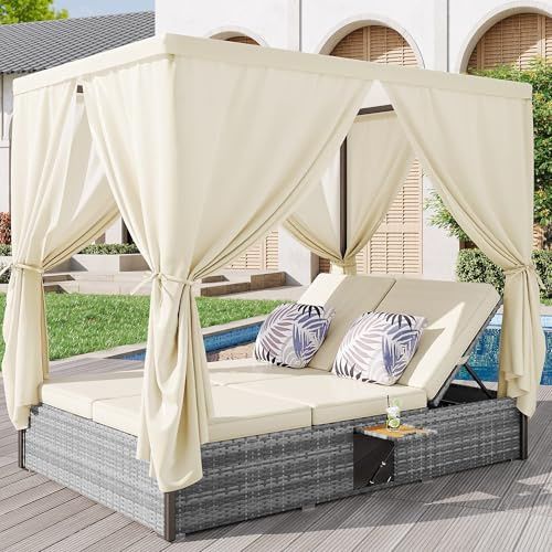 Lahoomu Gartenliege Doppelbett mit Schattenvorhang, Rattanliege, Outdoor-Möbel für Lounge, Balkon und Garten, Wetterfest, Klappbar, mit Kissen und Klapptisch, Cremeweißes Kissen