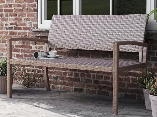 UDPATIO Gartenbank Wetterfest aus Polyrattan, Rattan Sitzbank Outdoor, Terrassenbank mit Armlehnen & Rückenlehne, Balkon Bank 320kg belastbar für Garten, Terrasse, Beige