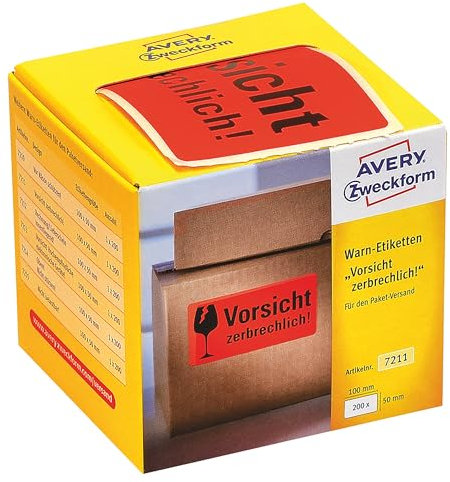 AVERY Zweckform Warnetiketten 7211 Vorsicht zerbrechlich (200 Etiketten auf Rolle im Kartonspender, 100 x 50 mm, selbstklebend, Warnhinweis Vorsicht Zerbrechlich für Versand, Umzug) neon rot