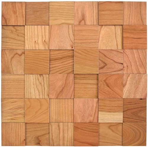 wodewa Holzmosaik Kirsche geölt Vollholz selbstklebend 3D I Wandverkleidung 50x50mm (Matte 300x300mm) I Holzquadrate Wand edel warm I Wandpaneele Made in Germany I Kirschbaum Esszimmer Premium 50
