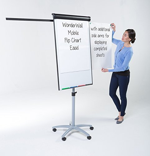 Wonderwall Mobile Magnetic Flipchart Easel with Integral Dry-Wipe Whiteboard and 2 Extendable arms - Ideal for Education, Training & Office presentations