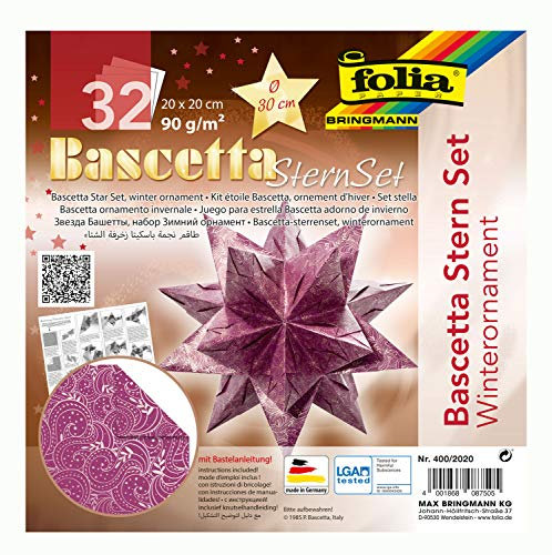 folia 400/2020 - Bastelset Bascetta Stern Winterornament lila/silber, 32 Blatt, 20 x 20 cm, fertige Größe des Papiersterns ca. 30 cm, mit ausführlicher Anleitung - ideal zur zeitlosen Dekoration