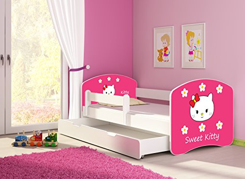 CLAMARO 'Fantasia Weiß' 160 x 80 Kinderbett Set inkl. Matratze, Lattenrost und mit Bettkasten Schublade, mit verstellbarem Rausfallschutz und Kantenschutzleisten, Design: 16 Sweet Kitty-2