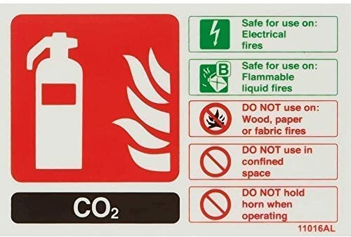 VSafety englisches Warnschild für Feuerlöscher, CO2-Kennzeichnung, leuchtet im Dunkeln, 150 x 100 mm, starrer Kunststoff