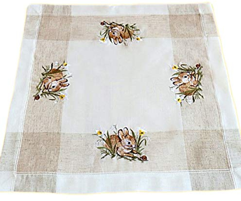 Decke quadratisch - ecru/beige-bunt Stickerei ''Hasen'' Leinenoptik (60/60)