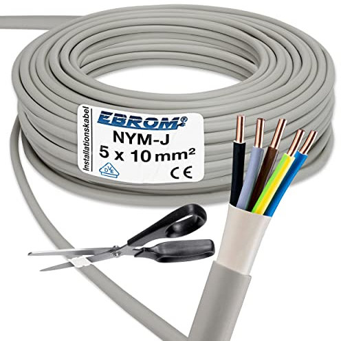 EBROM - NYM-J 5x10 mm² - NYM-J 5x10 mm2 - Mantelleitung - Installationsleitung - Feuchtraumkabel - grau - Auswahl in 5 Meter Schritten - Ihre Längenauswahl: 40m