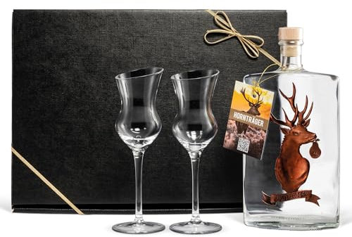 Hornträger Williamsbirne (0,5 l) exklusiv Geschenkset inkl. 2 geschrägten Obstbrand-Gläsern für Männer, Jäger & Sammler