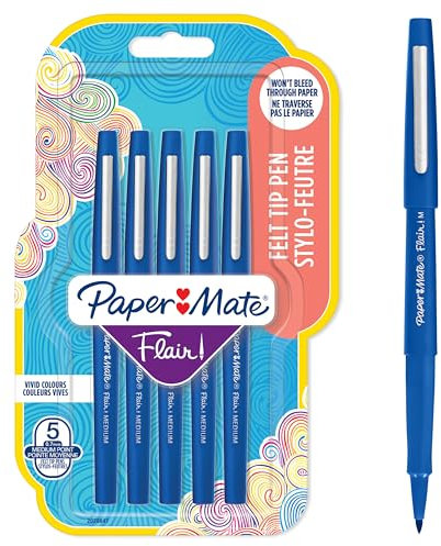 Paper Mate Flair Filzstifte | mittlere Spitze (0,7 mm) | Blau | 5 Stück