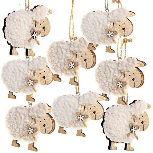 Logbuch-Verlag 8 Schafe Filz Osteranhänger Anhänger Ostern Natur Holz Schäfchen Osterstrauch Holzanhänger 9 cm Deko