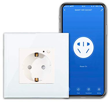 CNBINGO WLAN Schuko Socket Flush, Caqueteo inteligente de vidrio de 16 Amp compatible con Amazon Alexa (Echo, Echo Dot), Google Home, App Control, solo 2.4 GHz WiFi, 1 bandas de, Blanco, 1 paquete