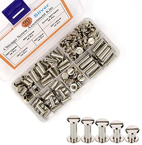 CYH 90 Paar Chicago Schrauben Set, Bindung Schrauben Kit, 5 Größen Buchschrauben Edelstahl Schraubnieten für DIY Leder Dekoration Bookbinding Halsbänder Buchbinderei (M5 x 6/10/12/15/18mm)