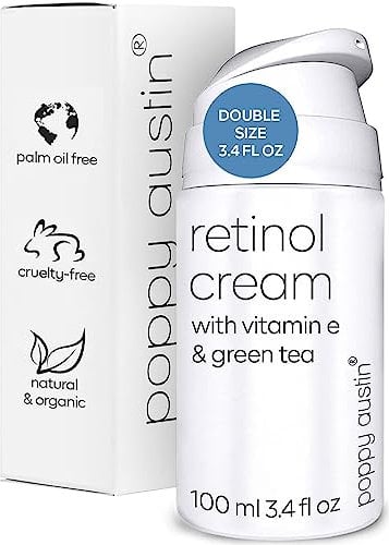 Poppy Austin 100 ml Vegane Retinol Creme Gesicht - Mit Vitamin E & Grünem Tee - Organische Hydratisierende Retinol Eye Cream - Hals & Dekolleté für Frauen - Ohne Tierversuche,